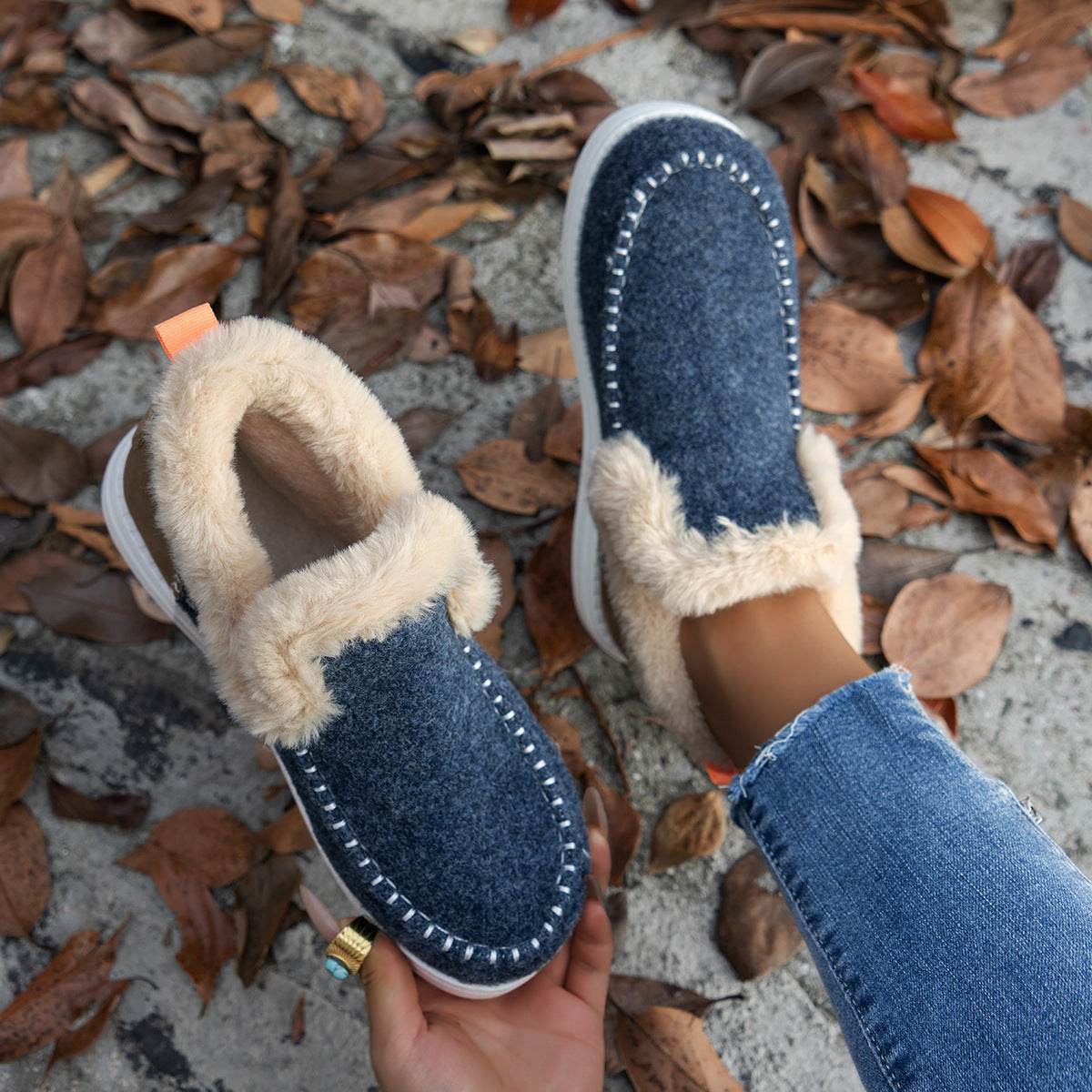Fleece-lined Thick Plush Boots Warm Sewing Flat Cotton Shoes Winter Ankle Boot - Mubimart