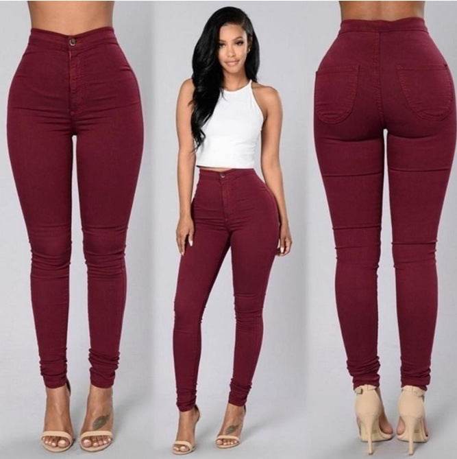Casual Pants For Women High Waist Stretch Slim Trouser Skinny Candy Color Jeans - Mubimart