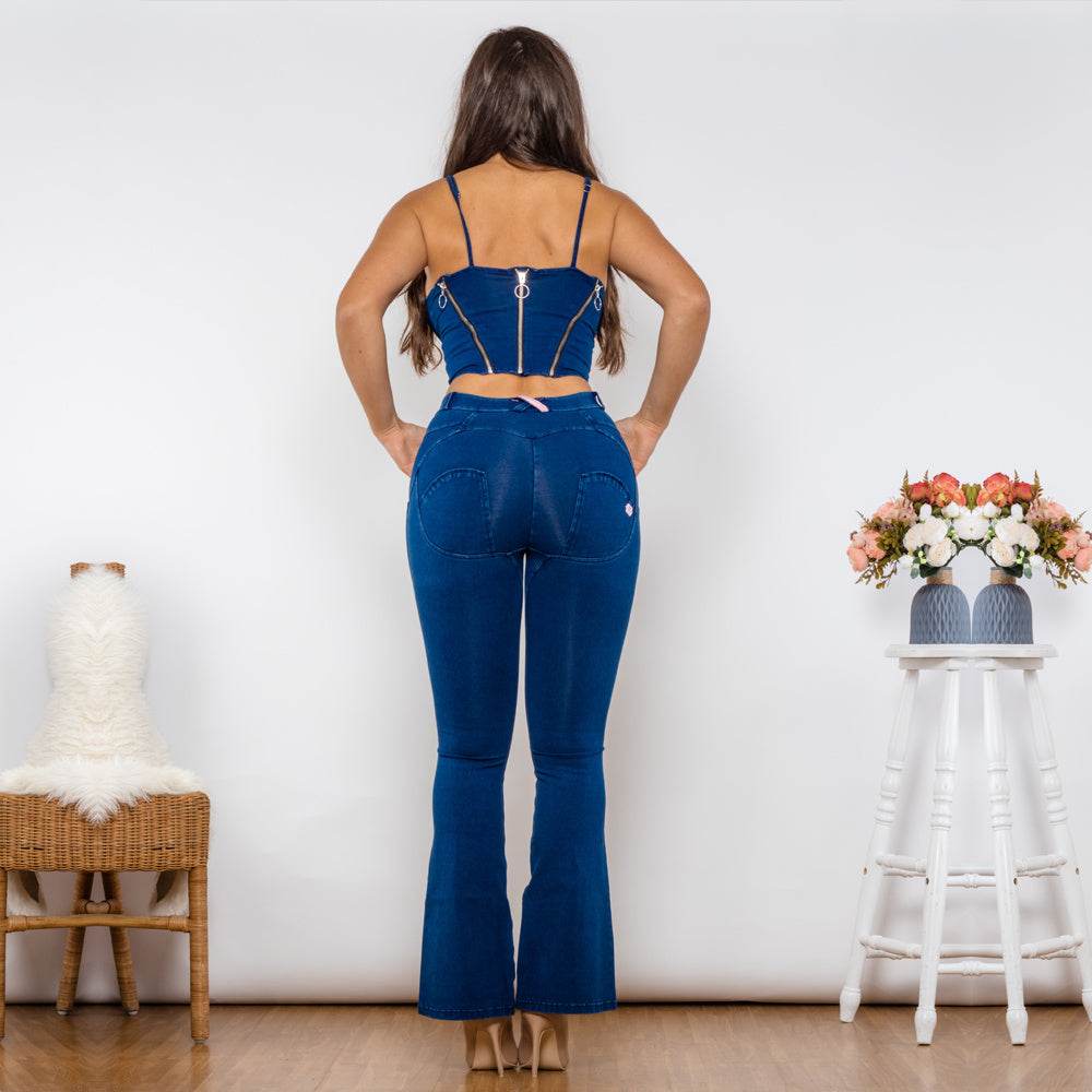 Shascullfites Shaper Set Dark Blue Bodysuit Zipper Push Up Top Middle Waist Flare Jeans Women Two Piece Clothes For Women - Mubimart