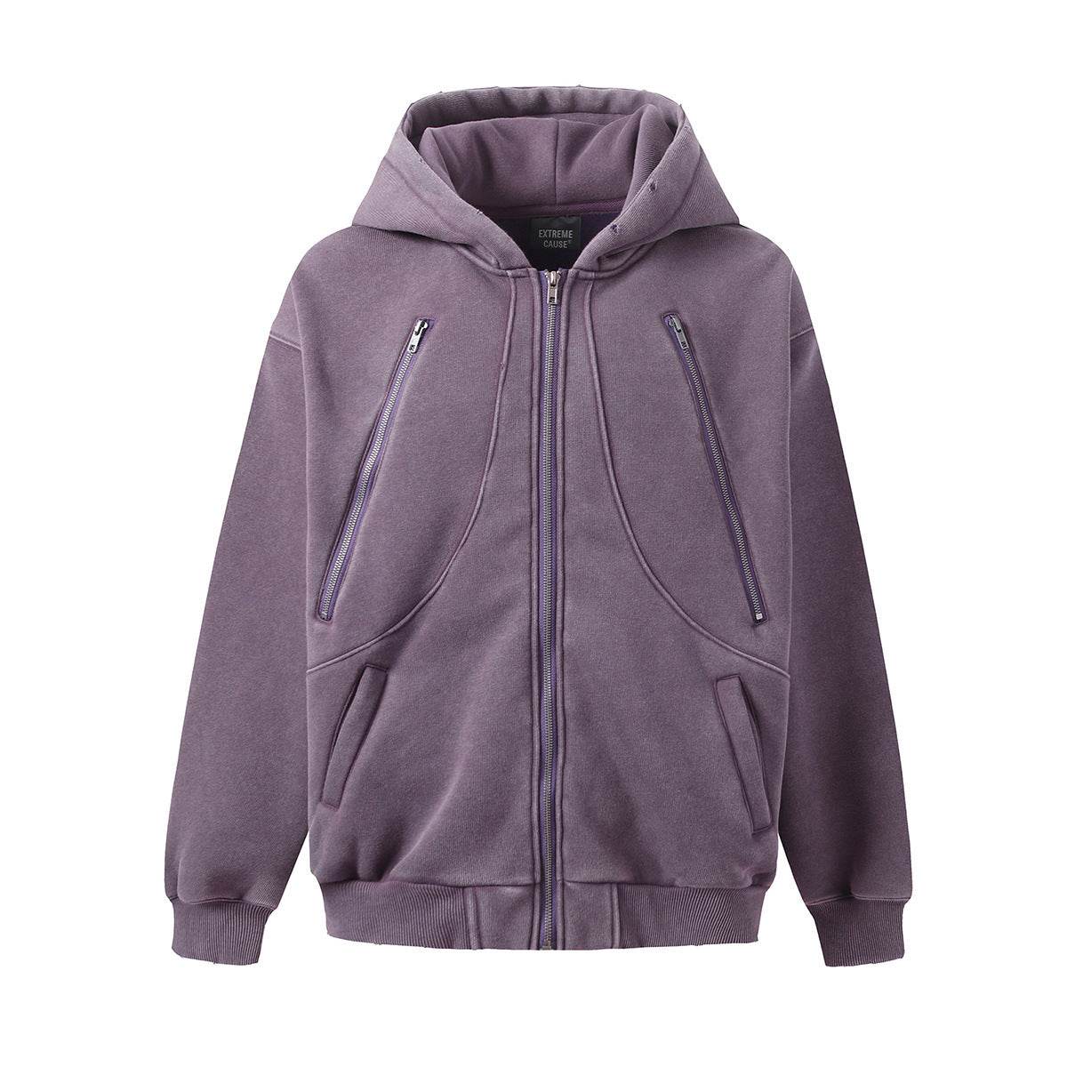 New Hoodie Fleece-lined Washed Zipper Sweater - Mubimart