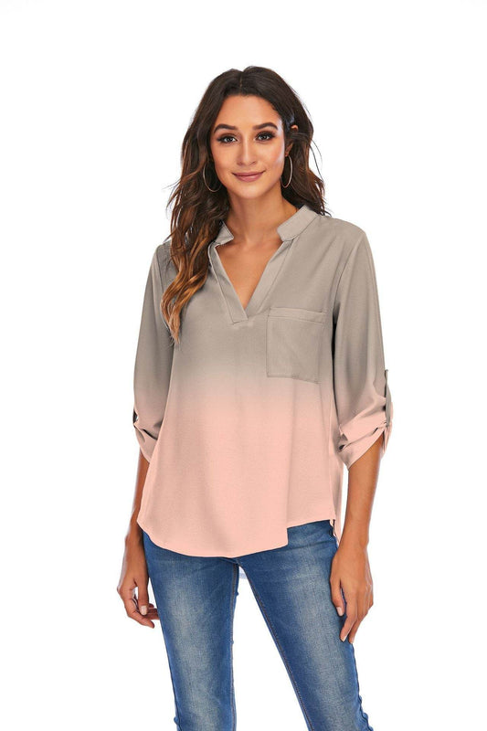 Print Gradient Blouses Women V-Neck Pockets Loose Shirts - Mubimart