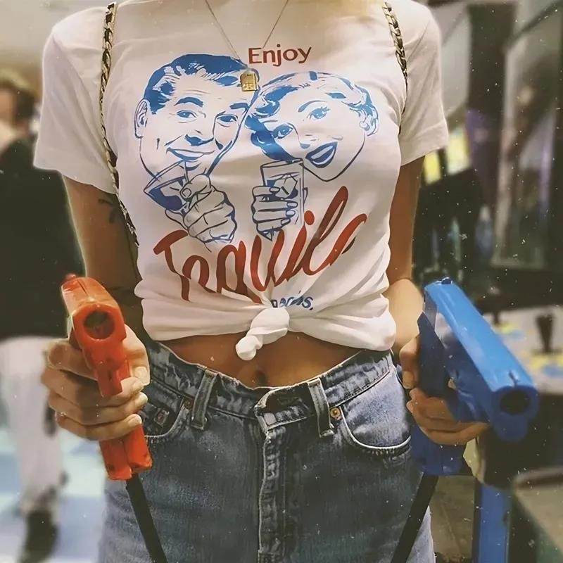 Enjoy Tequila Retro Graphic Tees Women Cute Funny Alcoh - Mubimart