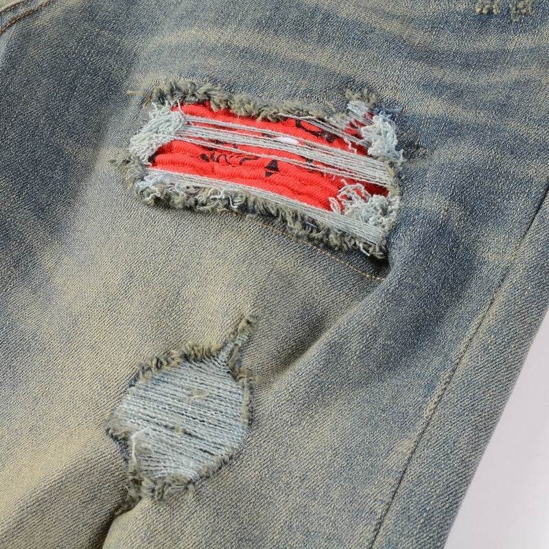 Men's Pleated Contrast Color Fit Jeans - Mubimart