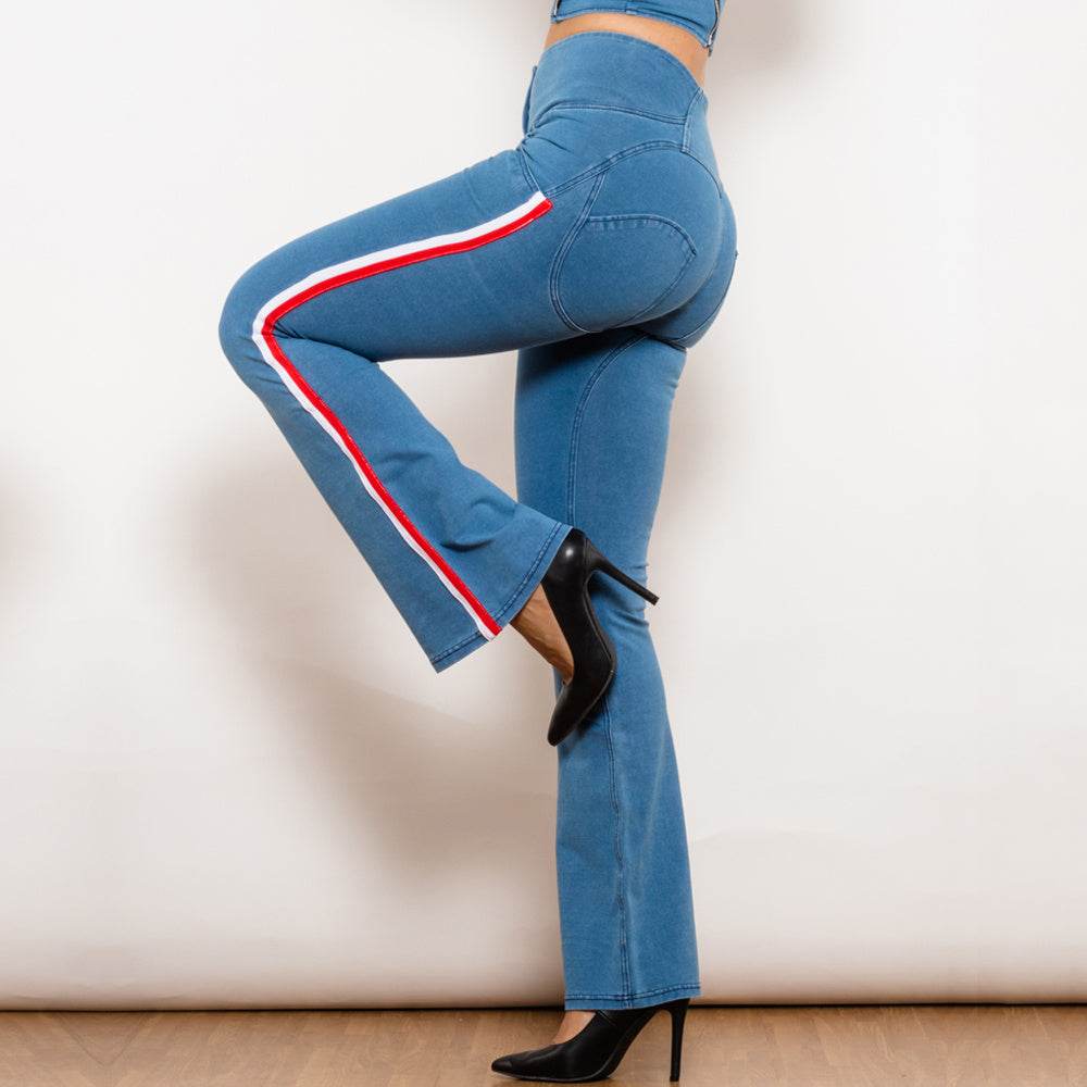 Shascullfites Melody Light Blue Striped Flared Lift Jeggings Button Up Butt Lift High Waist Flare Jeans Women Shaping Jeans - Mubimart