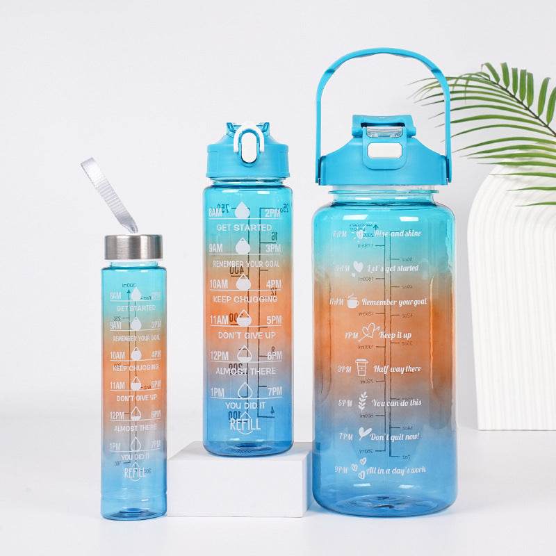 3-in-1 Gradient Color Motivational Water Bottles Set Plastic Straw Double Drink Translucent Outdoor Sports Bottle - Mubimart