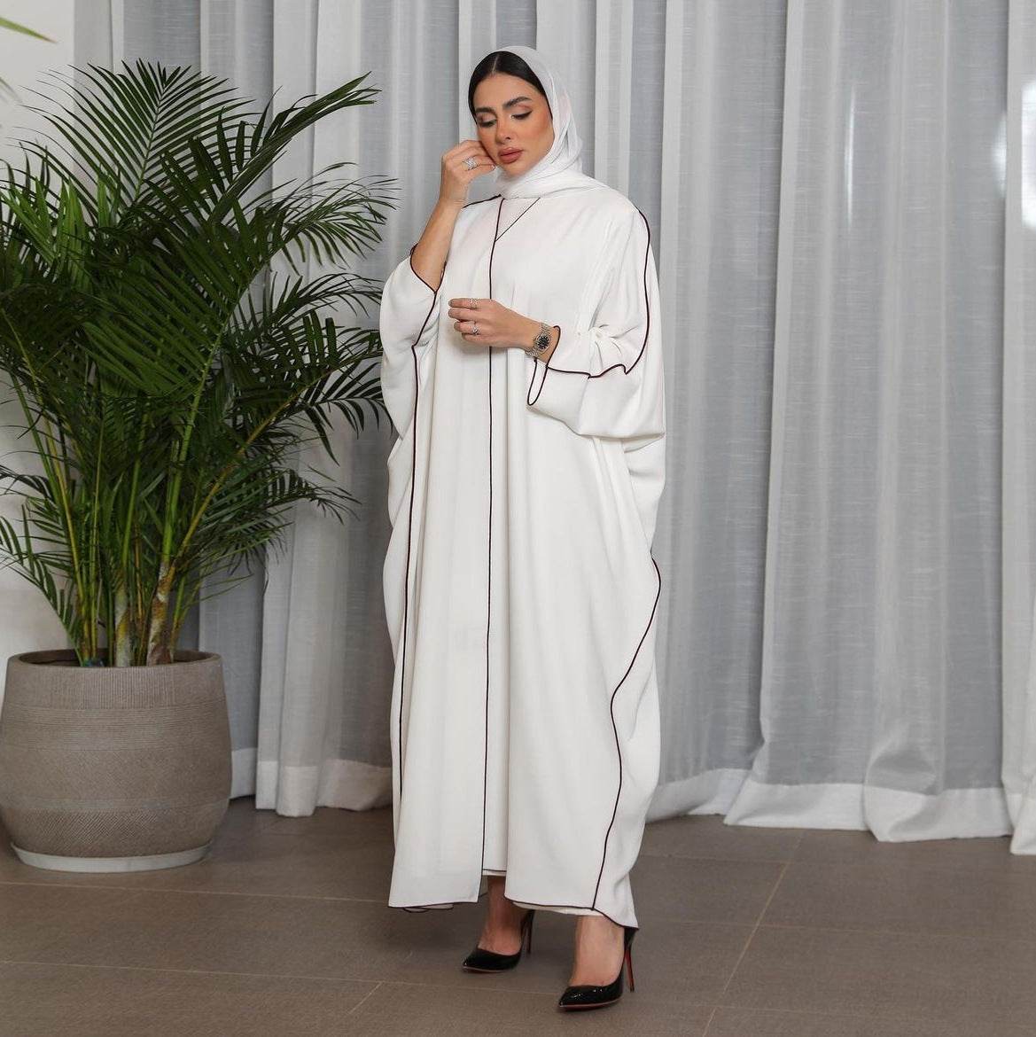 Women's White Patchwork Plus Size Women's Abaya Robe - Mubimart