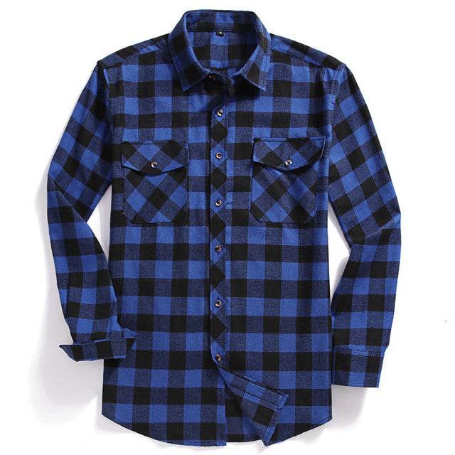 New Men Casual Plaid Flannel Shirt Long-Sleeved Chest Two - Mubimart
