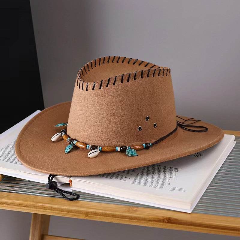 Western Cowboy Hat Men's And Women's Gem Chain Fedora Hat - Mubimart