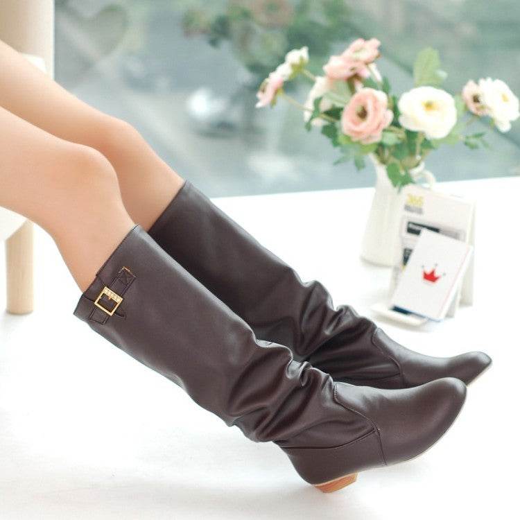 Mid-calf Belt Buckle Knight Boots Ladies - Mubimart