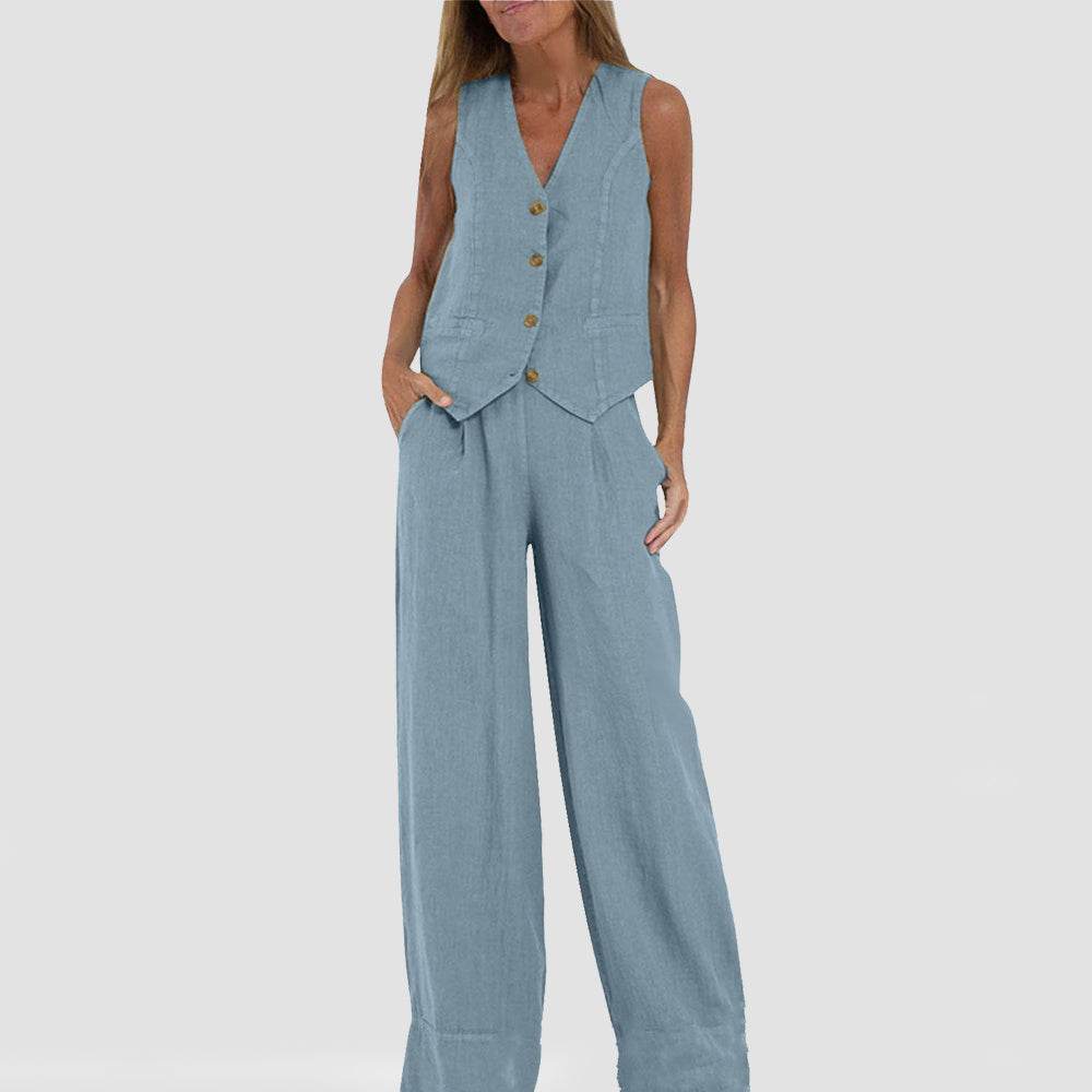 Summer Vest Suits V-neck Botton Sleeveless Top And Loose Straight Trousers Casual Womens Clothing - Mubimart