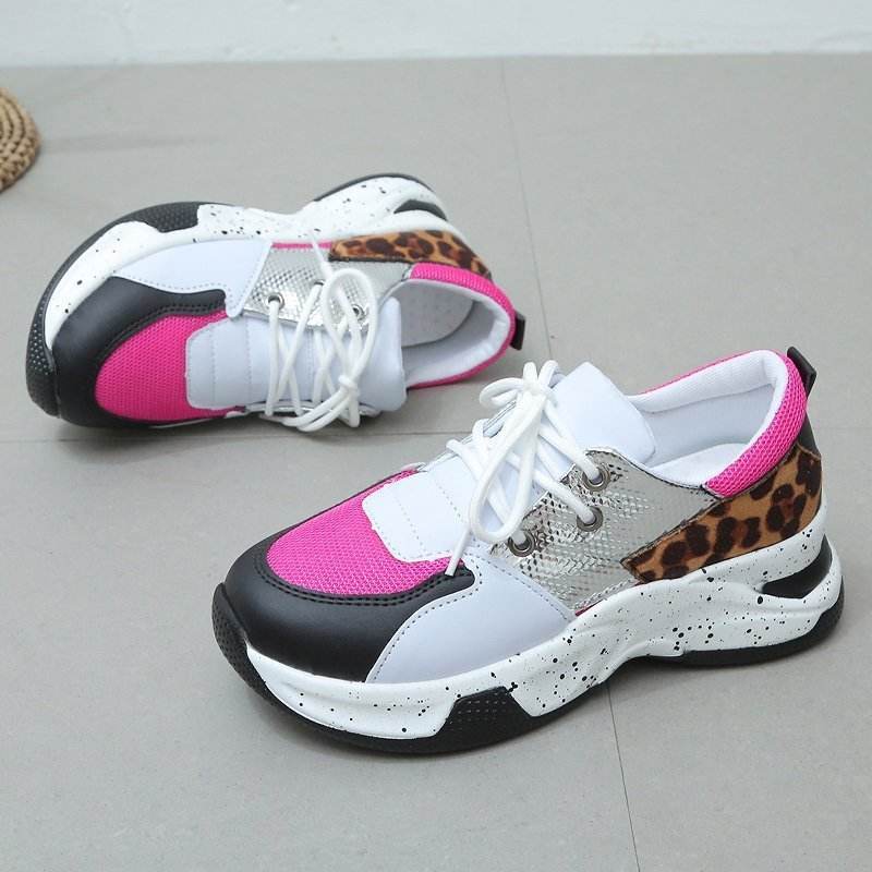 Leopard Print Sneakers Women Lace Up Walking Running Sports Shoes - Mubimart