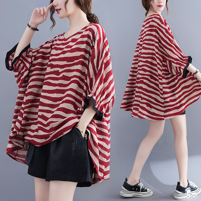 Summer Women's Loose Plus Size Striped Batwing Sleeve T-shirt - Mubimart -  