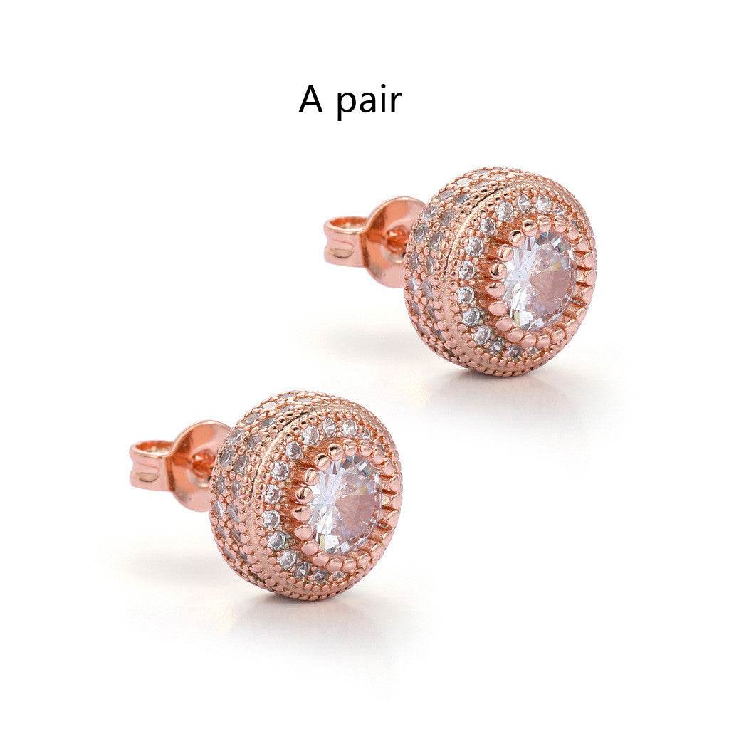Hip Hop Round Full Zircon Earrings Rose Gold For Men And Women - Mubimart