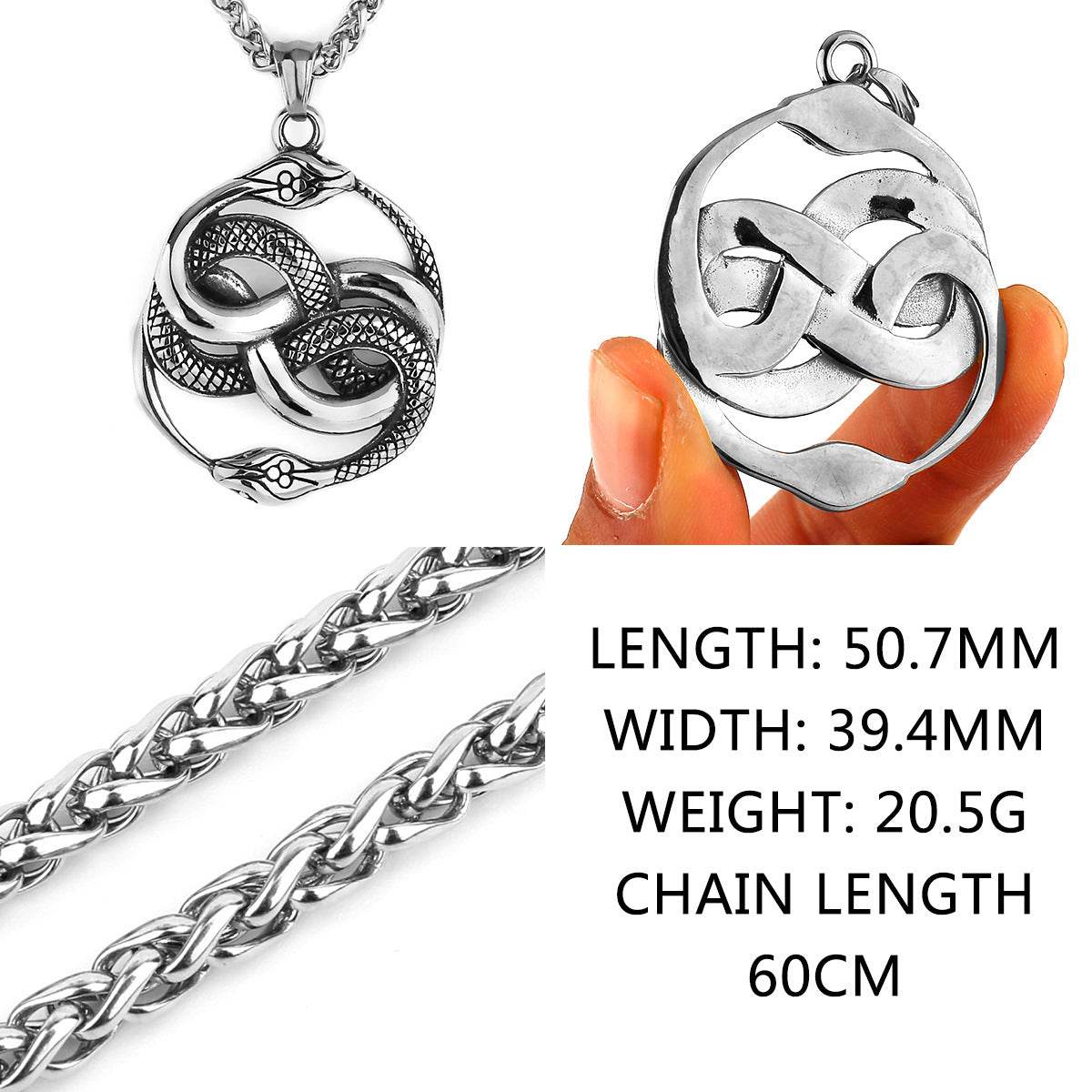 Mens Fashion Double Snake Staff Pendant Necklace - Mubimart