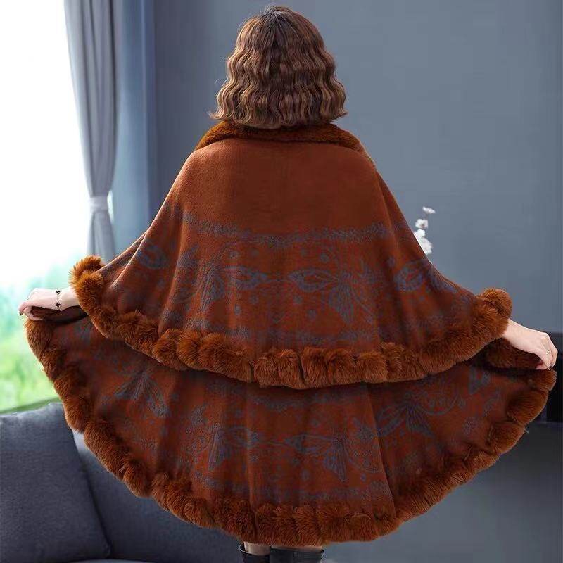 Imitation Rex Rabbit Fur Collar Shawl Cape Women's Plus Size - Mubimart