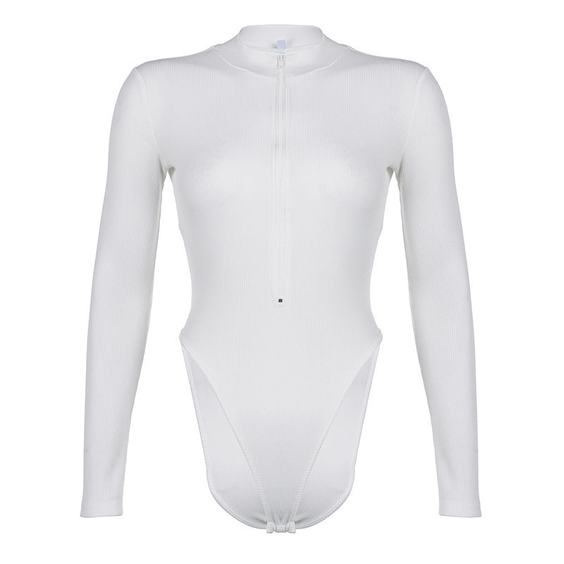 Round Neck Zipper Long Sleeve Threaded Bodysuit Women - Mubimart -  