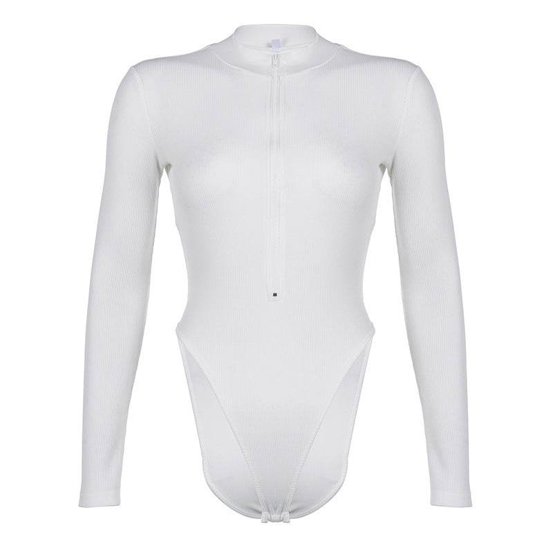 Round Neck Zipper Long Sleeve Threaded Bodysuit Women - Mubimart