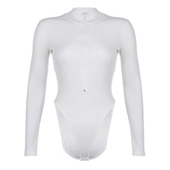 Round Neck Zipper Long Sleeve Threaded Bodysuit Women - Mubimart -  