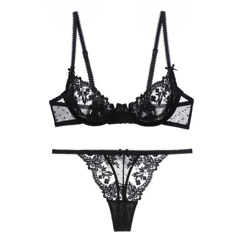 French Lace Cutout Lingerie Bra T Pants Set - Mubimart