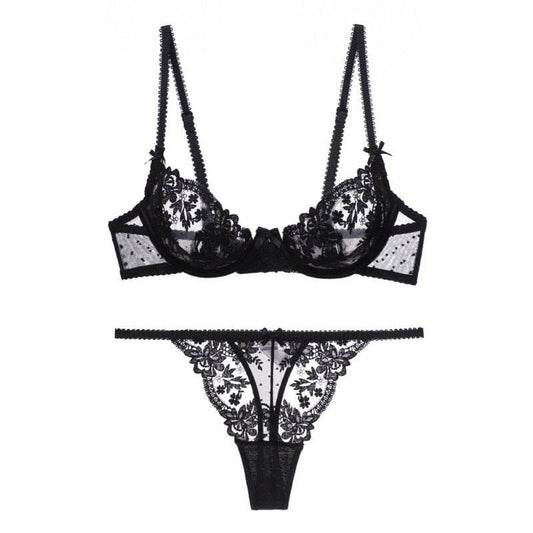 French Lace Cutout Lingerie Bra T Pants Set - Mubimart