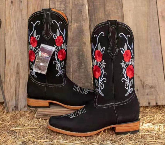 Square Toe Mid Heel Square Heel Rose Fashion Boots - Mubimart