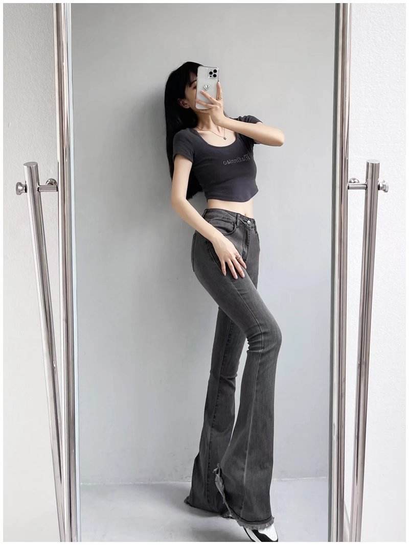 Autumn And Winter Fashion Small High Waist Raw Hem Jeans Retro Distressed Small Man Stretchy Wide-leg Slim Flare Pants - Mubimart