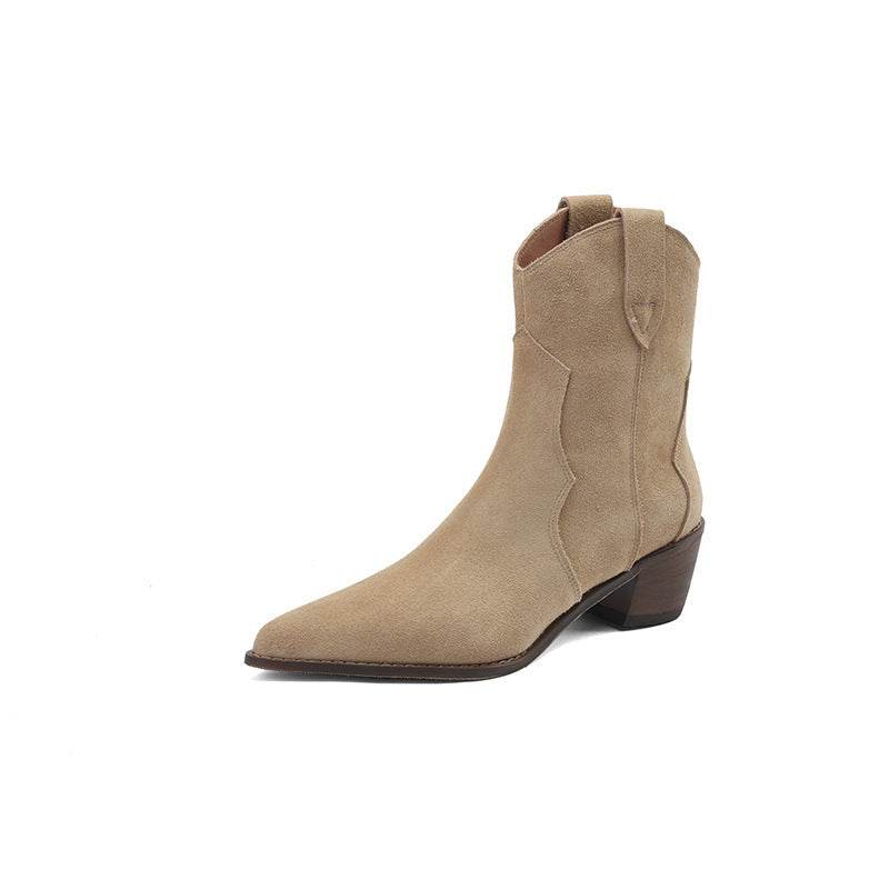 Pointed Toe Chunky Mid Heel Booties Fashion Matte Leather Boots - Mubimart