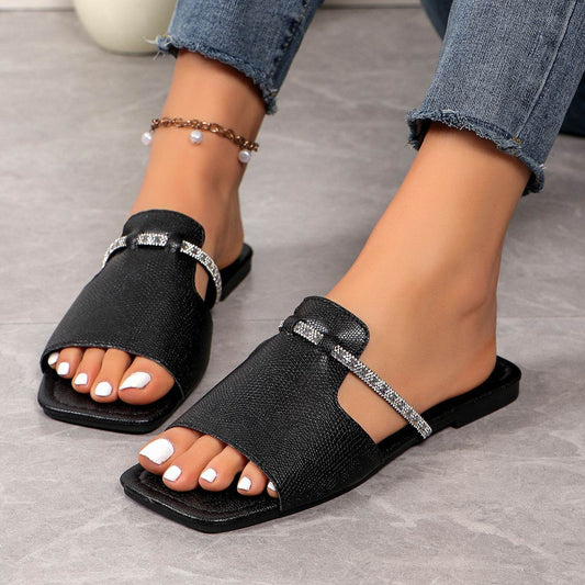 Fashion Rhinestone Strap Design Sandals Summer New Square Toe Low Heel Slippers For Women Slides Casual Beach Shoes - Mubimart