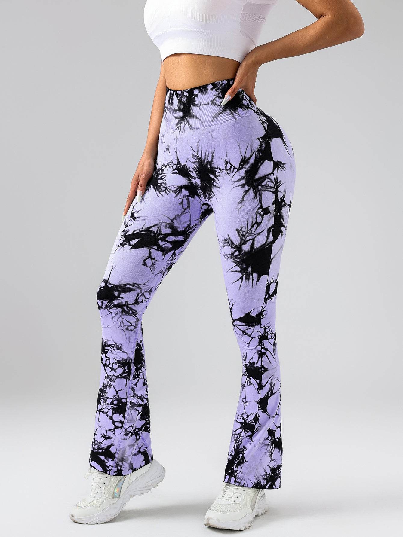 High-Waist Tummy Control Flare Yoga Pants For Women, Tie-Dye Stretch Slimming Bootcut Workout Pants, Fitness & Sports Activewear - Mubimart