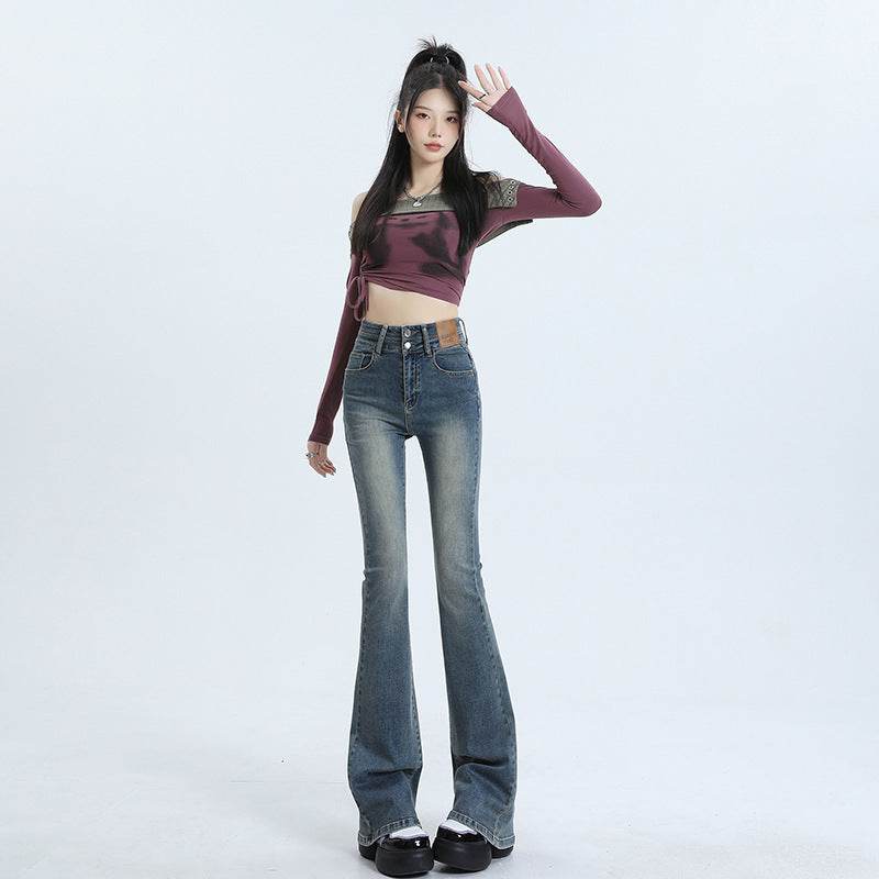 High Waist Slimming Hot Girl Double Buckle Slightly Flared Jeans Women - Mubimart