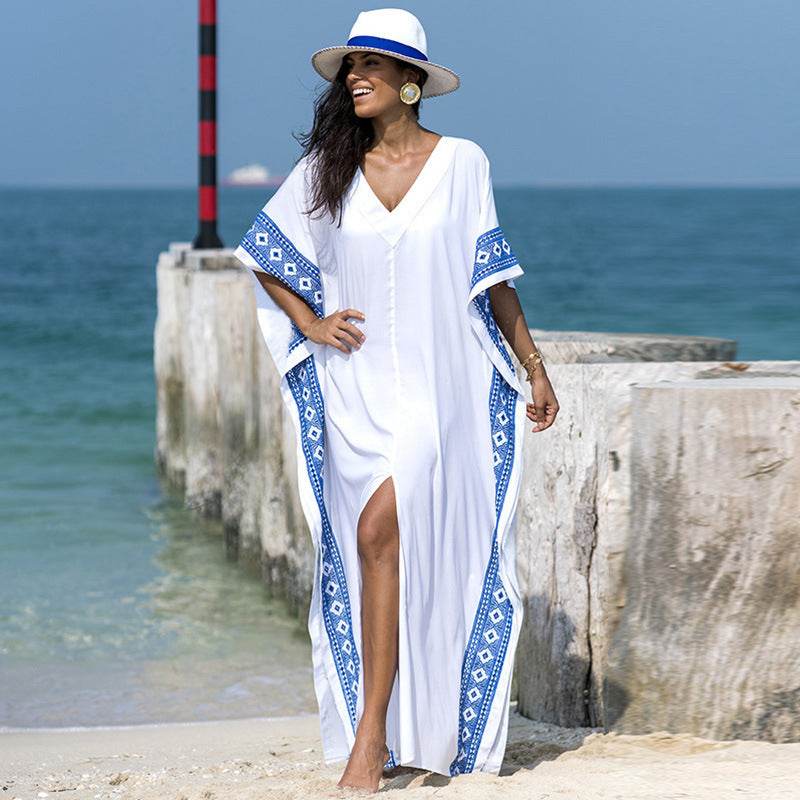 Women Cotton Embroidered Robe Holiday Dress - Mubimart