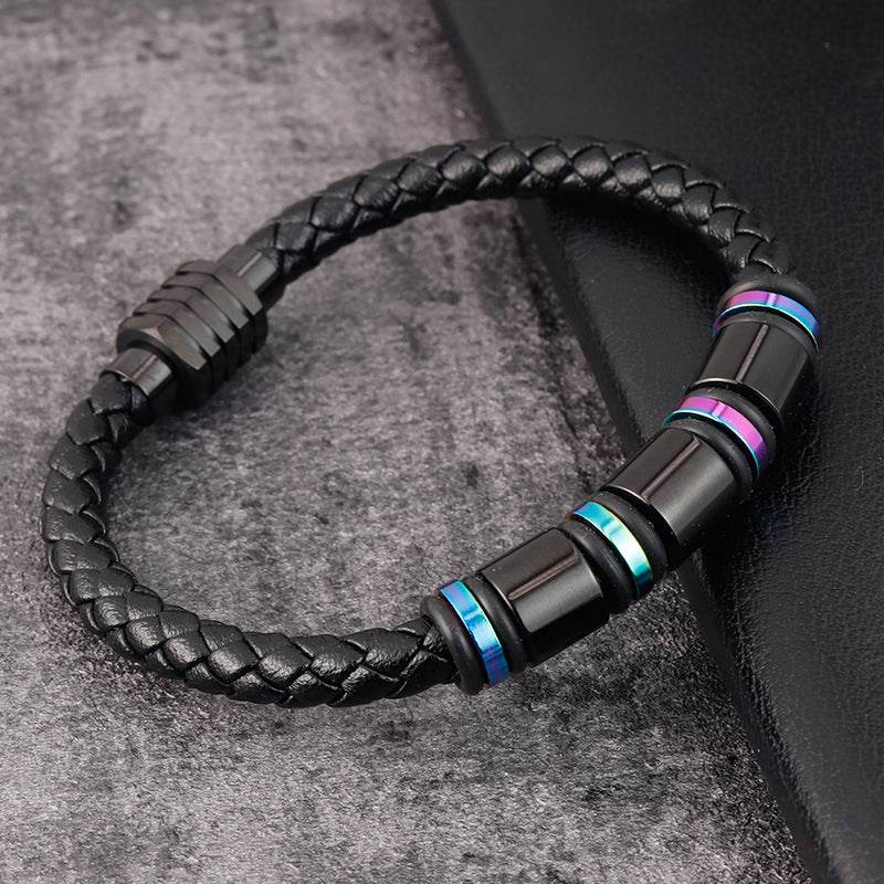 Mens Leather Titanium Steel Simple Bracelet - Mubimart