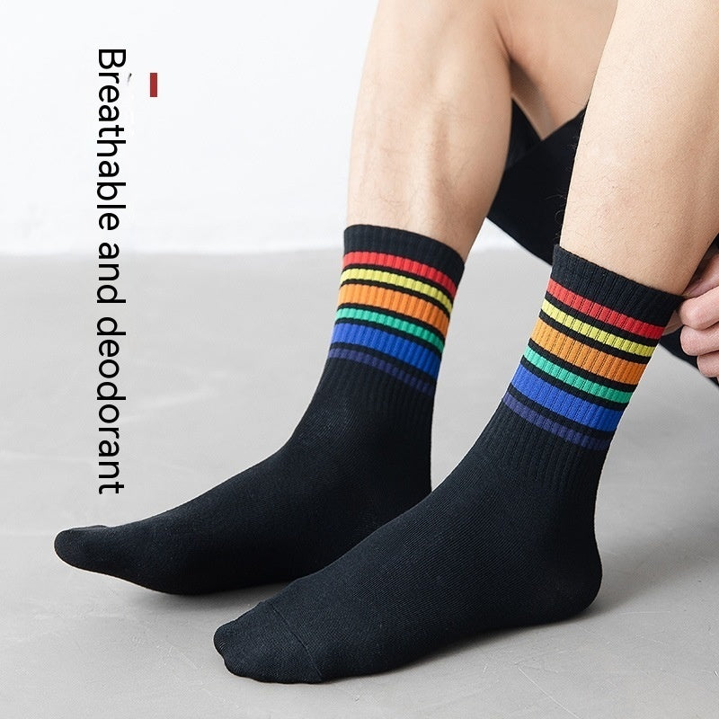 Trendy Pure Cotton Mid-calf Length Socks High-top Skateboard Basketball Socks Fashion Striped Athletic Socks - Mubimart -  