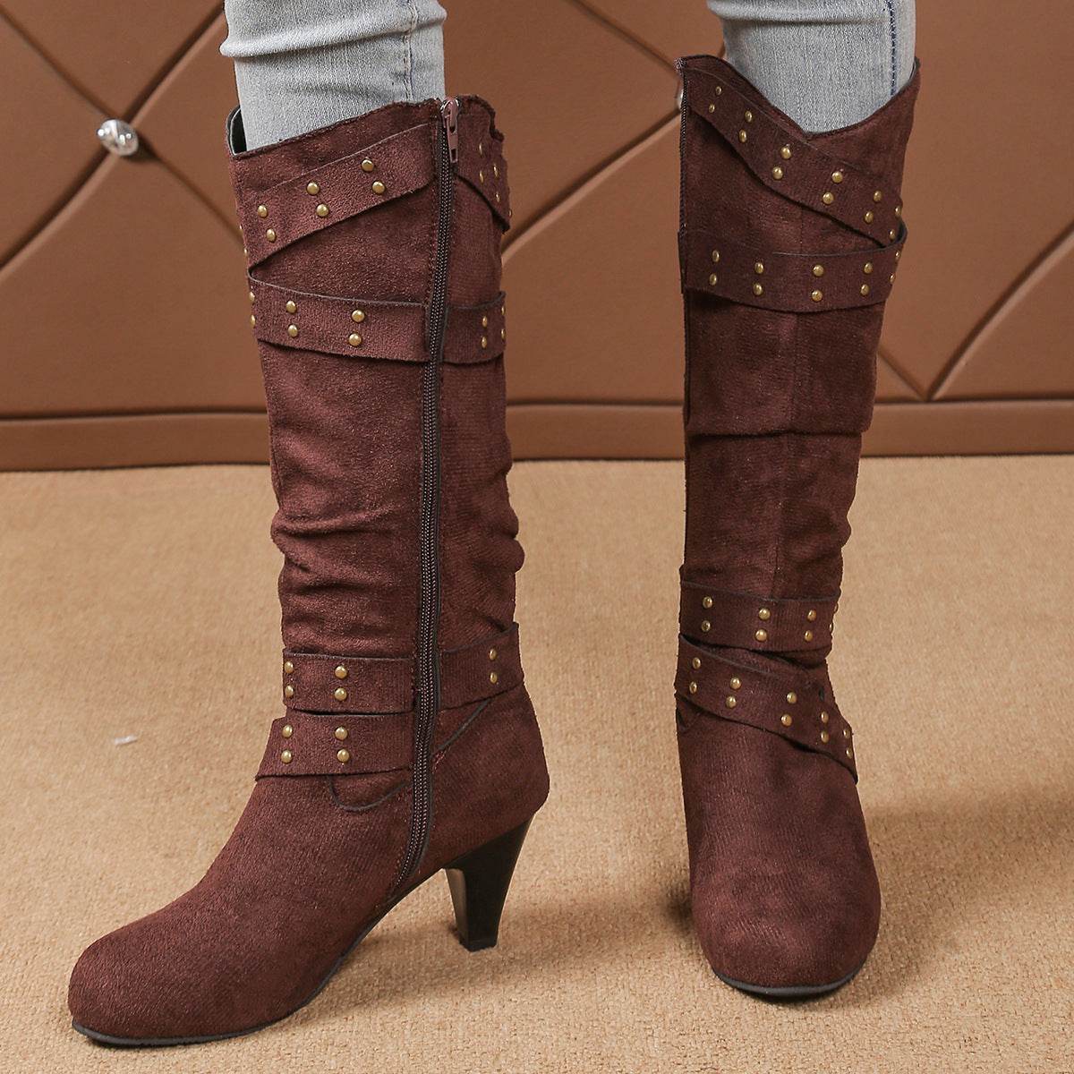 Fashion High Heel Boots With Cross-strap Rivet Design Retro V-cut Western Cowboy Boot Casual Zipper Shoes For Women - Mubimart
