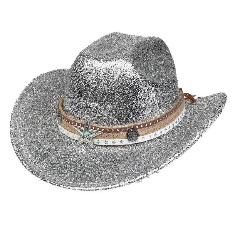 Festival Party Gathering Silver Western Denim Fedora Hat Felt - Mubimart