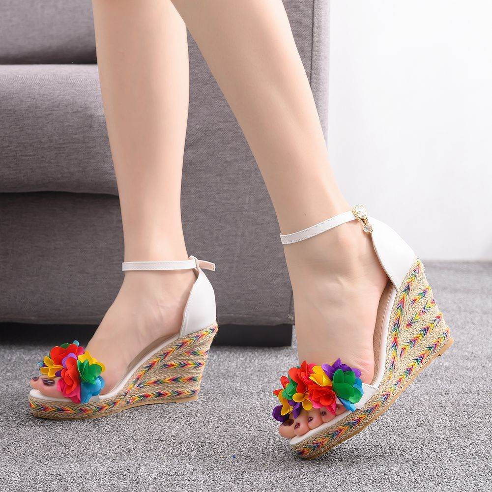Colorful Flower Fish Mouth Wedge Sandals White Wedge Sandals - Mubimart