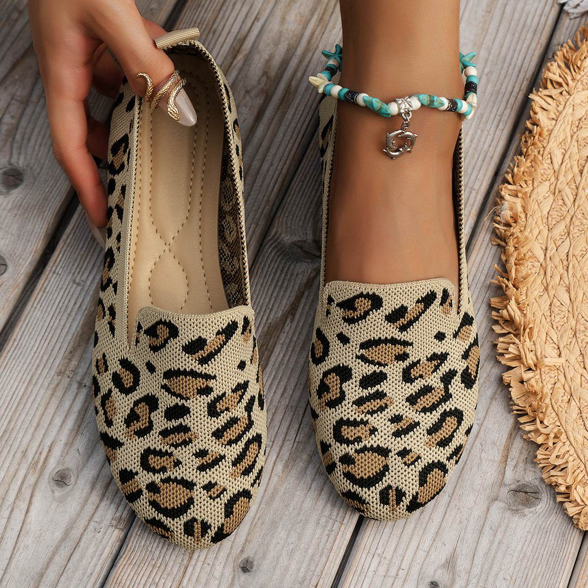 Slip-on Leopard Print Round Toe Flat Bottom Work Shoes - Mubimart