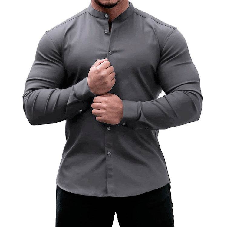 Long Sleeve Shirt Men Casual Button Down Slim Tops Solid Color Casual Mens Clothing - Mubimart