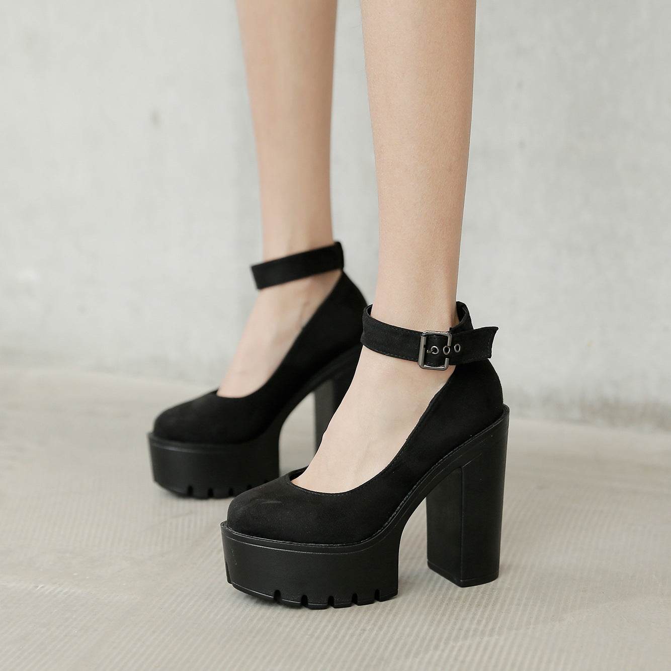 Black Platform Belt Buckle Chunky High Heels - Mubimart