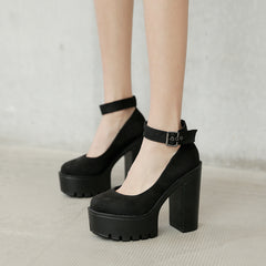 Black Platform Belt Buckle Chunky High Heels