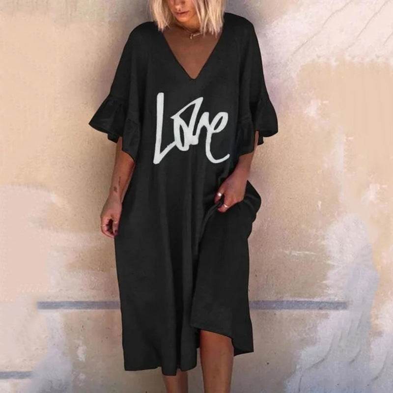 V-neck Lotus Leaf Sleeve Plus Size Dress Printing Fashion Casual Midi Skirt - Mubimart