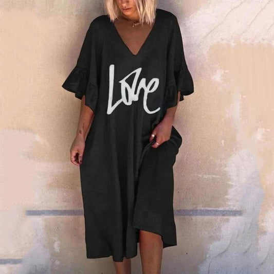 V-neck Lotus Leaf Sleeve Plus Size Dress Printing Fashion Casual Midi Skirt - Mubimart