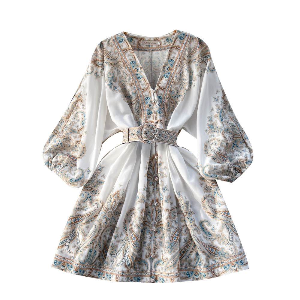 Printed Lantern Sleeve Midi Dress - Mubimart