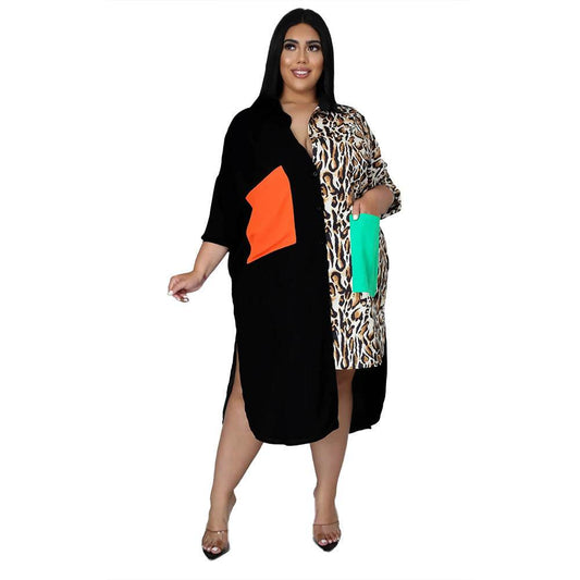 Women Plus Size Dress Patchwork Turn-down Collar Single Breasted - Mubimart