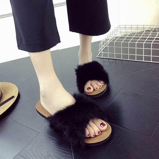 Spring New Fluffy Slippers Women's Summer Fashion Outerwear Flat Bottom Comfort - Mubimart