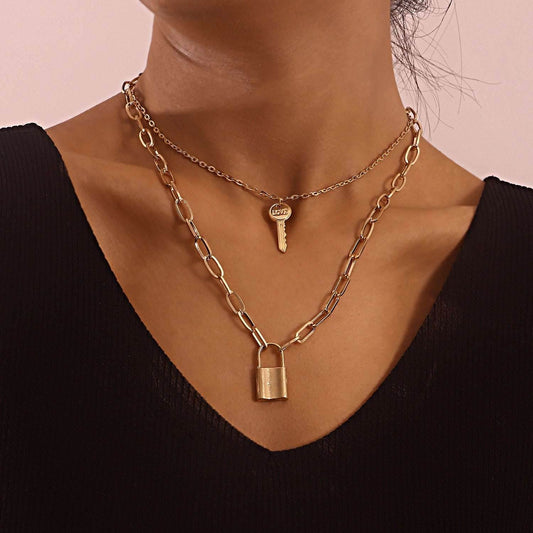 Chain Padlock Key Pendant Necklace Women - Mubimart