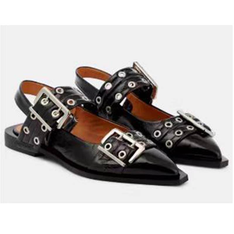 Pointed Toe Belt Buckle Mules Leather Flat Sandals - Mubimart
