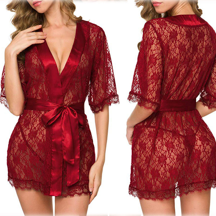 Lingerie Women Lace Hollow-out Robe Suits Pajamas - Mubimart - Robe 