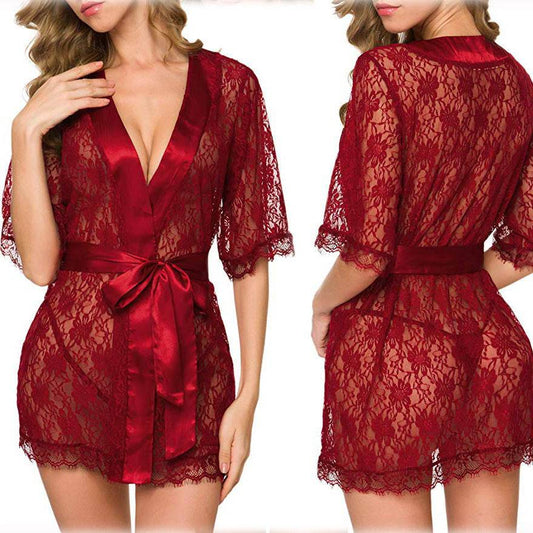 Lingerie Women Lace Hollow-out Robe Suits Pajamas - Mubimart