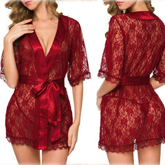 Lingerie Women Lace Hollow-out Robe Suits Pajamas - Mubimart - Robe 